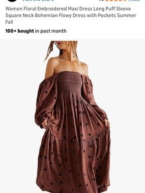 Smocked Off-Shoulder Maxi Dress in Brown with Floral Embroidery